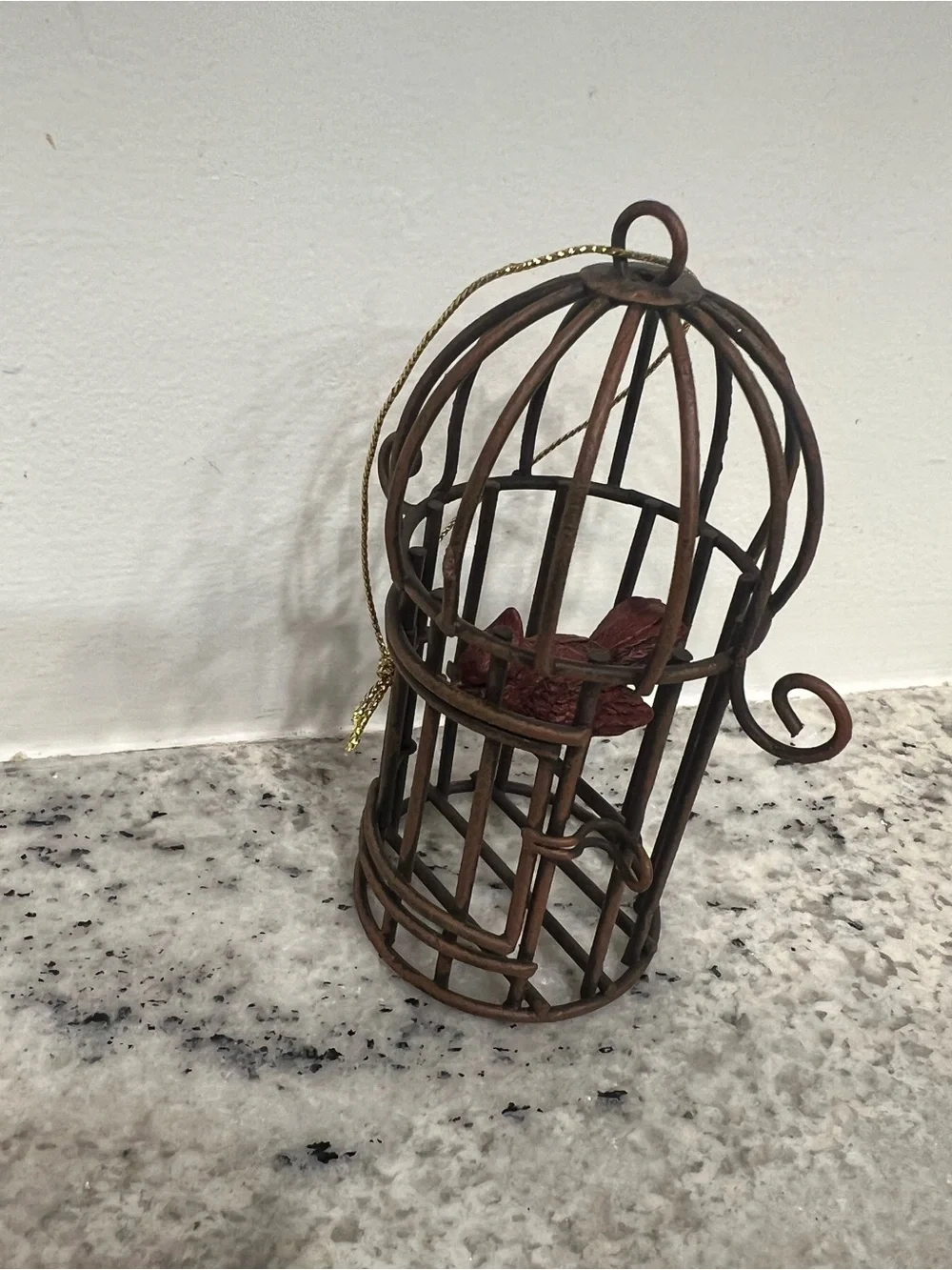 Rustic Brown Metal Birdcage Accent with Red Bird cardinal ornament